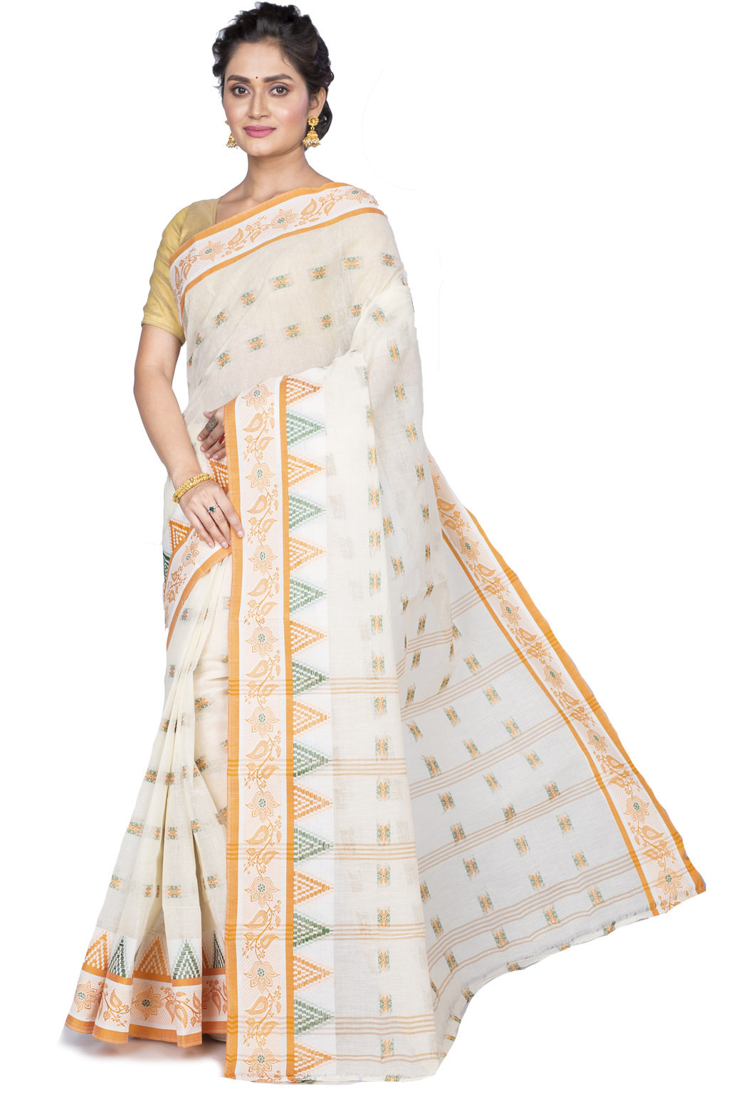 Yellow Pure Cotton Alkari Tant Saree (177)